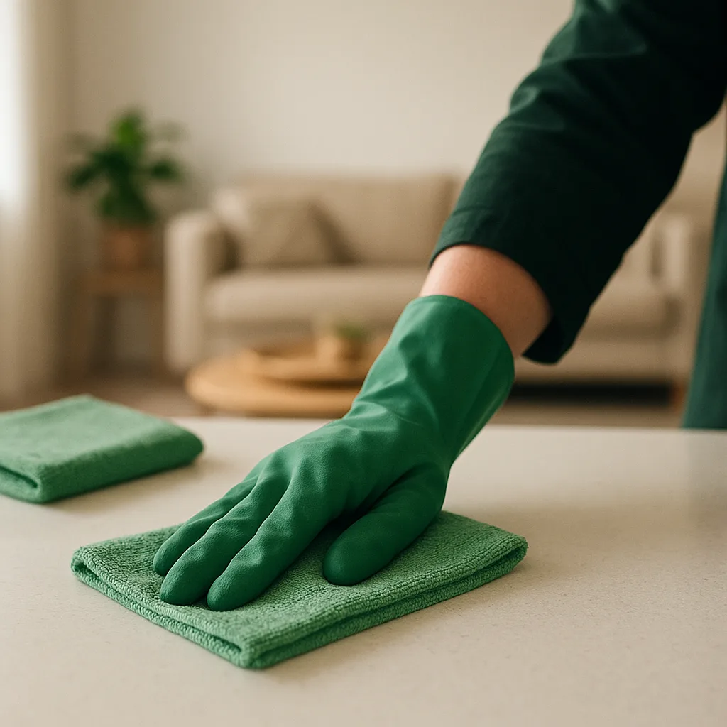 Mão com luva verde passando um pano de microfibra numa bancada branca, em uma sala clara